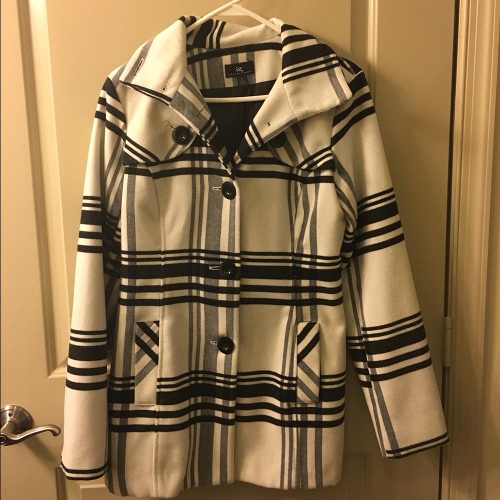 Iz Byer Black and White Plaid Pea Coat